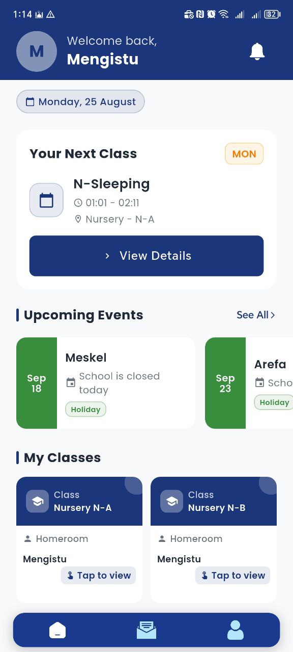 Teacher homescreen with class management tools